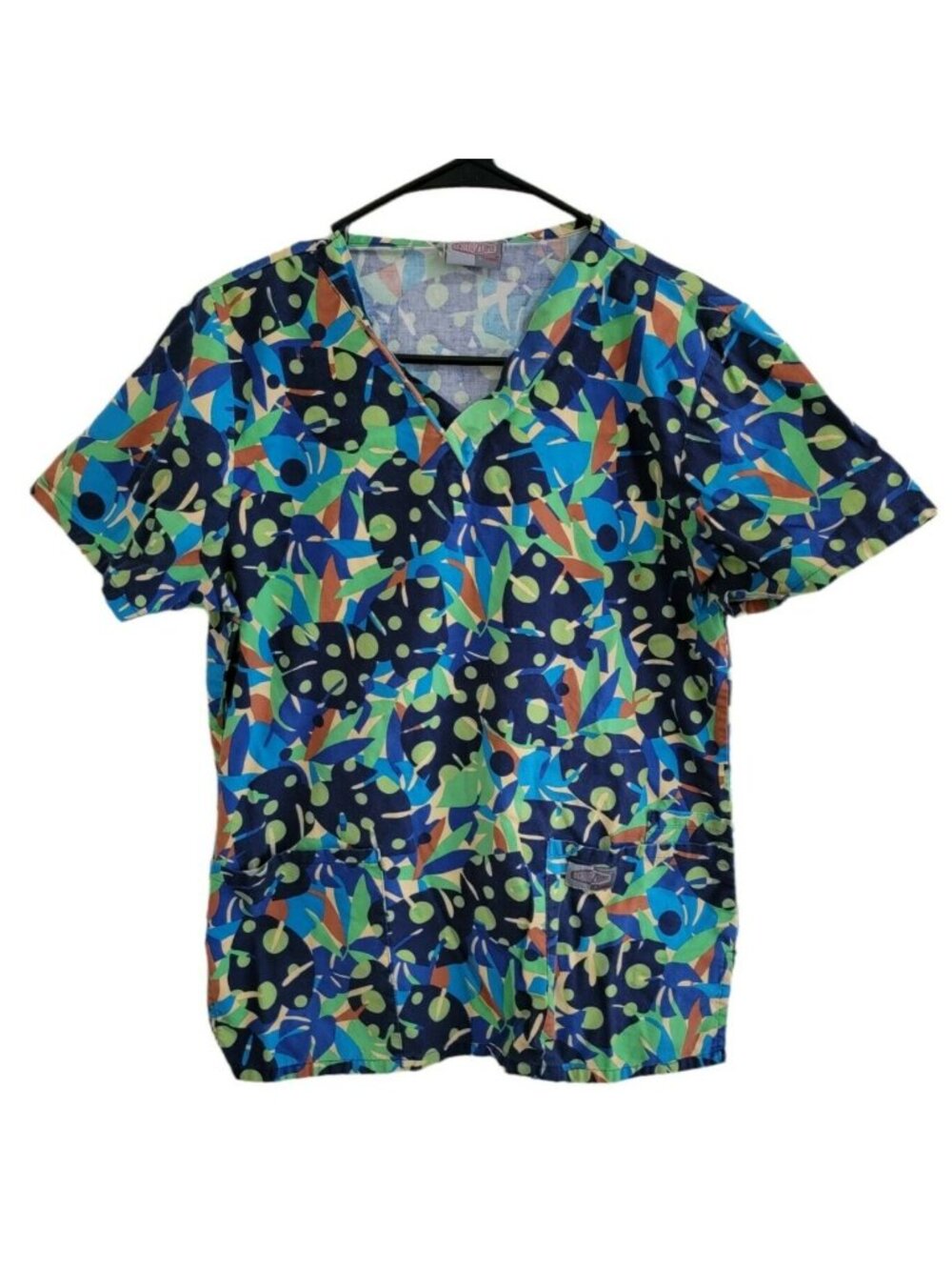 Scrub Zone Top Womens Size XS Blue Green Print Short Sleeve Uniform Nursing